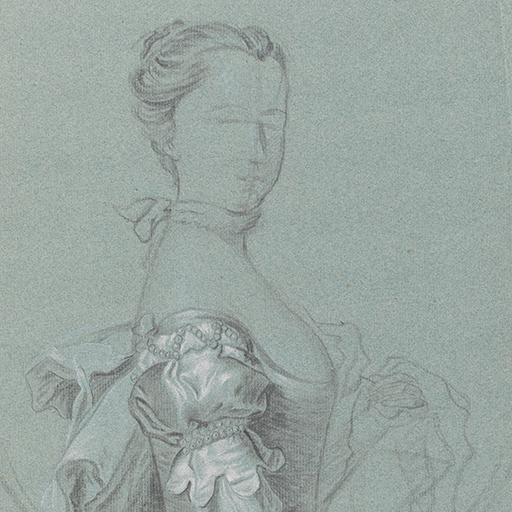 Study of a woman, head and torso only, in a feigned oval, her body turned to the right, her face forward, her left hand raised. Her face lacks detail, just a few bare guidelines and the outline of a nose, eyebrows, and mouth. Greater detail has been lavished on her costume, which appears Van Dyck-like in style, including a puffed and scalloped sleeve, decorated with rows of pearls. She is surrounded by a silk or gauze drape. Inscribed below, 'Blew Sattin & yell [crossed through] Red Gauze'. Made by Joseph Wright of Derby (1734 - 1797). Black and white chalk on blue paper, in cream window mount.