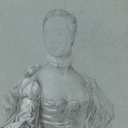 Study of a woman, called Jane Cust, head and torso only, her body facing forwards, her head inclined slightly to the left. Her face is lightly sketched, the majority of the focus of the drawing being on her elaborate dress. She wears a low cut bodice decorated with strings of pearls, her sleeves puffed at the shoulders and decorated with pearls. She wears a lace choker at her neck and a gauze drape about her shoulders. Her hair is dressed with strings of pearls. Brown staining to lower left. Made by Joseph Wright of Derby (1734 - 1797). Black and white chalk on blue paper, in cream window mount.