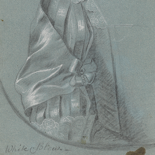 Study of a woman's right arm, in Van Dyck dress, in a feigned oval; the sleeve slashed and decorated with a bow and pearl, and finished with a lace cuff. The bodice is trimmed with lace. Inscribed to lower left 'White & Blew.' Made by Joseph Wright of Derby (1734 - 1797). Black and white chalk on blue paper, in cream window mount.