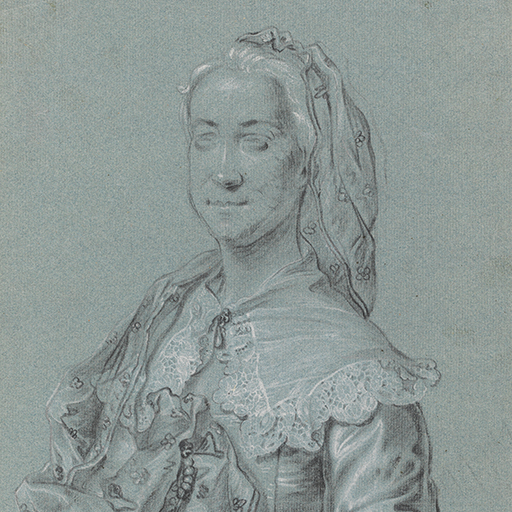 Study of a woman, head and torso only, wearing a lace collar and shawl decorated with flowers, the latter attached to her hair and falling loose around her right shoulder and clasped to the front of her bodice. Her collar is clasped by a drop pearl; the same decorative detail embellishes the bottom of her sleeve. Her face is loosely sketched, the majority of focus being on the details of her dress. Inscribed to verso 'White sattin dress / gauze'. Made by Joseph Wright of Derby (1734 - 1797). Black and white chalk on blue paper, in cream window mount.