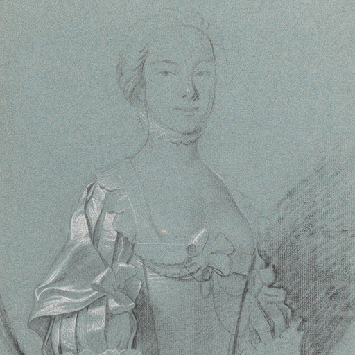 Study of a woman in Van Dyck dress, head and torso only, facing slightly to the right, in a feigned oval; wearing a gown with slashed sleeves and lace cuffs, lace trim to the bodice, and bos to the sleeves and bodice front. Her hair is tied back and she wears lace choker around her neck. Made by Joseph Wright of Derby (1734 - 1797). Black and white chalk on blue paper, in cream window mount.