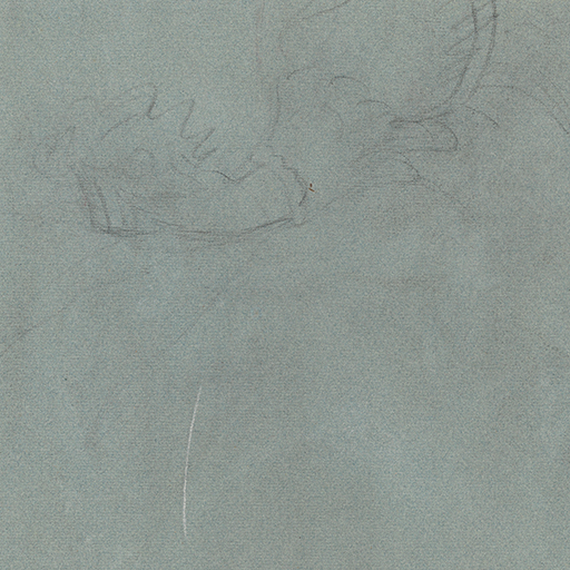 Study of a woman in Van Dyck dress, her left arm and skirts only, holding a basket of flowers. Slightly sketched. Inscribed 'BR 36' upper left corner. Made by Joseph Wright of Derby (1734 - 1797). Black chalk on blue paper, in cream window mount.