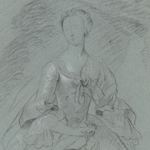 Study of a woman, called Elizabeth Cartwright, after a portrait by Thomas Hudson; to knees, her head slightly inclined to the left, her face slightly sketched, seated on a ledge, wearing a satin gown with a shawl around her elbows, holding a flower in her lap. Made by Joseph Wright of Derby (1734 - 1797). Black and white chalk on blue paper, in cream window mount.