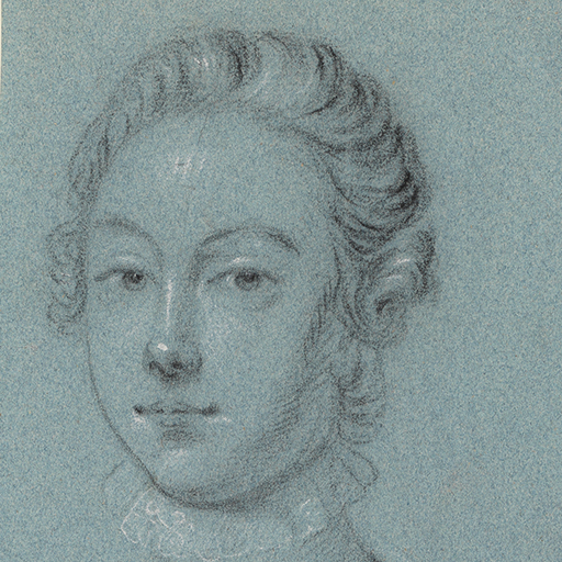 Study of a woman, called Mrs Allanson, after a portrait by Thomas Hudson; head and torso only, facing left, in a feigned oval, wearing Van Dyck dress. Her hair tied back, wearing a lace choker around her neck, her dress decorated with bows to her sleeves and bodice front, her sleeves slashed and a lace trim/collar to her bodice. A square cut out of the top left corner of the sheet. Made by Joseph Wright of Derby (1734 - 1797). Black and white chalk on blue paper, in cream window mount.