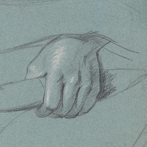 Study of a man's hand, holding his lapel, with squiggles and rough shading to one side. Inscribed 'BR 38' to lower left (or lower right?). A square cut out of one corner. Made by Joseph Wright of Derby (1734 - 1797). Black and white chalk on blue paper, in cream window mount.