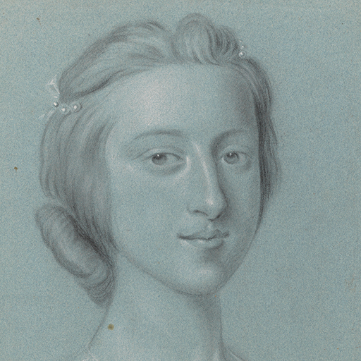 Study of a young woman, head and shoulders only, facing right; wearing a lace edged gown, her hair dressed with ribbons and pearls. Made by Joseph Wright of Derby (1734 - 1797). Black and white chalk on blue paper, in cream window mount.