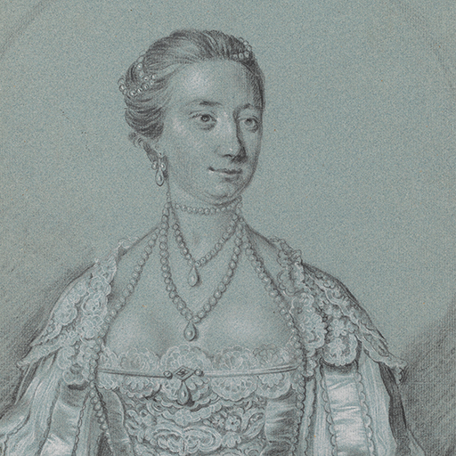 Study of a woman's arm, in Van Dyck dress, and part of her torso, with the edge of a feigned oval. She wears a slashed sleeve, decorated with a large bow and there is an outline of lace to her bodice front. Inscribed below the drawing, along the lower edge of the sheet, in ink: 'yellow Sattin Gown with purple Knots about the Sleeves. n: the front arm / is too long'. Made by Joseph Wright of Derby (1734 - 1797). Black and white chalk, with ink, on blue paper, in cream window mount.