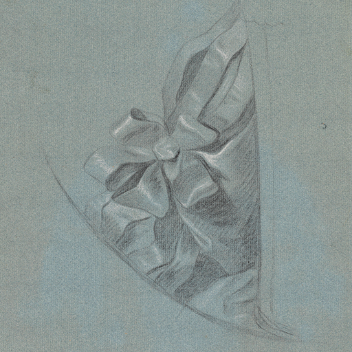 Verso: Study of a woman, head and torso only, in a feigned oval, her body facing forward, her head turned slightly to the right; wearing a gown with a lace stomacher, a lace collar or cape, and slashed sleeves. She wears four strings of pearls around her neck, two with drop pearl pendants at their centre, and a drop pearl earring. Her hair is dressed with further strings of pearls. Made by Joseph Wright of Derby (1734 - 1797). Black and white chalk on blue paper, in cream window mount.