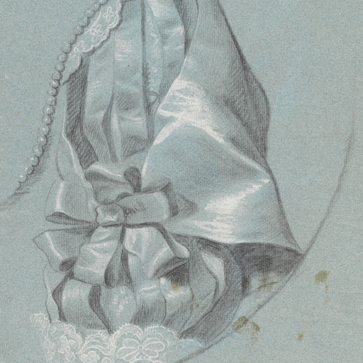 Recto: Study of a woman's left arm, in Van Dyck dress, with a pearl neck line, in a feigned oval; the sleeve is slashed and decorated with a bow, her cuff is made from lace. Inscribed below, to the right: 'White & Blew' and along the top edge of the sheet: '[purple?] Velvet Straw-Coloured Waistcoat, silver laced Hat, ditto'. Brown staining to lower half of drawing. Made by Joseph Wright of Derby (1734 - 1797). Black and white chalk on blue paper, in cream window mount.