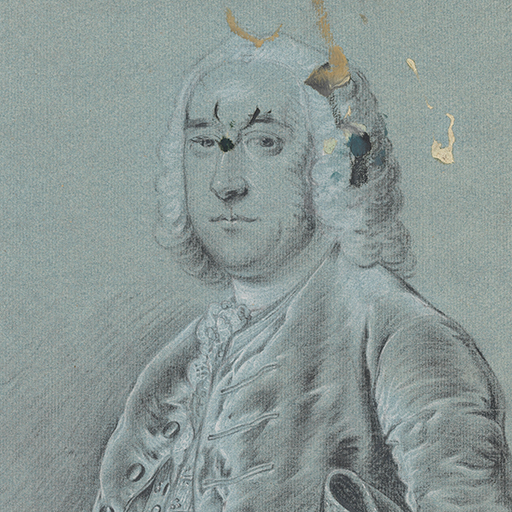 Verso: Study of a man, head and torso only, facing left, with a cocked hat under his left arm, and his right hand tucked into his waistcoat. His hat and the centre front edges of his waistcoat are decorated with elaborate lacing. Paint stains across the face and hair. Made by Joseph Wright of Derby (1734 - 1797). Black and white chalk on blue paper, in cream window mount.