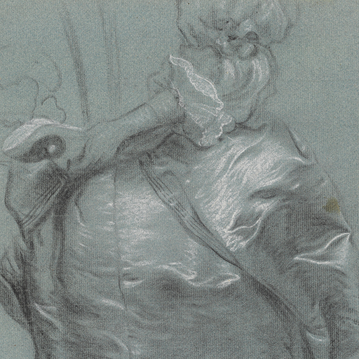 Study of a woman, torso and arms only, holding a mask in her left hand, her right hand by her side, wearing an open-fronted satin gown, puffed sleeves decorated with bows, and lace cuffs. Inscribed below drawing, to lower left: '[This?] Line is / near the / [ri]ght Side'. Made by Joseph Wright of Derby (1734 - 1797). Black and white chalk on blue paper, in cream window mount.