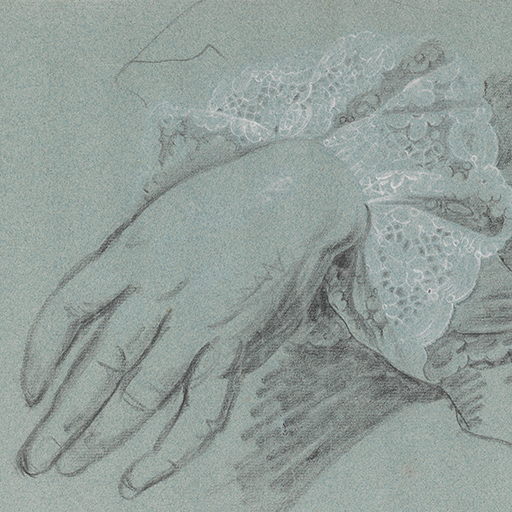 Study of a lace cuff, with the outline of a man's right hand and coat cuff, after Thomas Hudson's portrait of Charles Pinfold. Made by Joseph Wright of Derby (1734 - 1797). Black and white chalk on blue laid paper, in cream window mount.