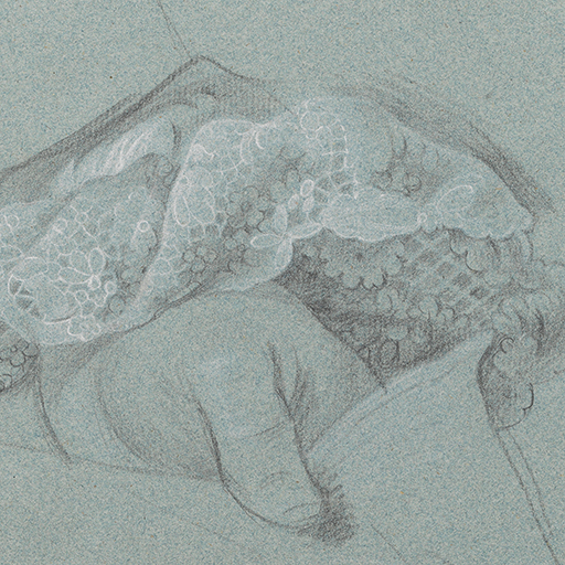 Study of a man's left hand, with a lace cuff, holding a sheet of paper; after Thomas Hudson's portrait of Charles Pinfold. Made by Joseph Wright of Derby (1734 - 1797). Black and white chalk on blue laid paper, in cream window mount.