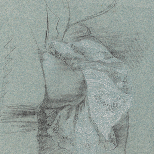 Study of a man's left hand and lace cuff, tucked within his waistcoat, the outline of a cocked hat beneath his arm. Made by Joseph Wright of Derby (1734 - 1797). Black and white chalk on blue laid paper, in cream window mount.