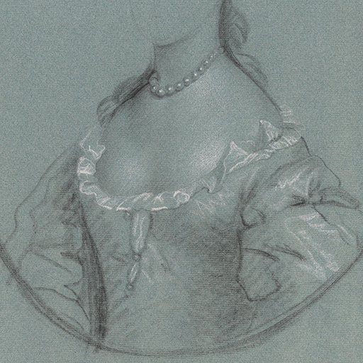 Study of a woman, facing slightly to the left, to waist, in a feigned oval; wearing a satin gown with puffed sleeves and a pearl necklace, the outline of her face lightly sketched. Made by Joseph Wright of Derby (1734 - 1797). Black and white chalk on blue paper, in cream window mount.