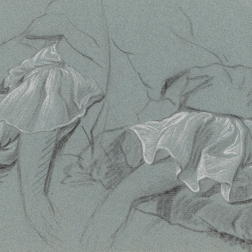 Studies of a woman's arms, with large flounces and cuffs, one leaning on a cushion. Made by Joseph Wright of Derby (1734 - 1797). Black and white chalk on blue paper, in cream window mount.