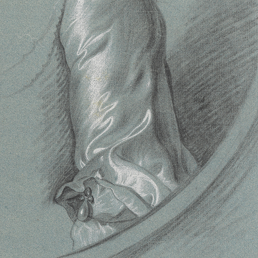 Study of a woman's left arm in a plain satin gown, a pearl-drop decorating her sleeve; the curve of a feigned oval below, to the right. Made by Joseph Wright of Derby (1734 - 1797). Black and white chalk on blue paper, in cream window mount.