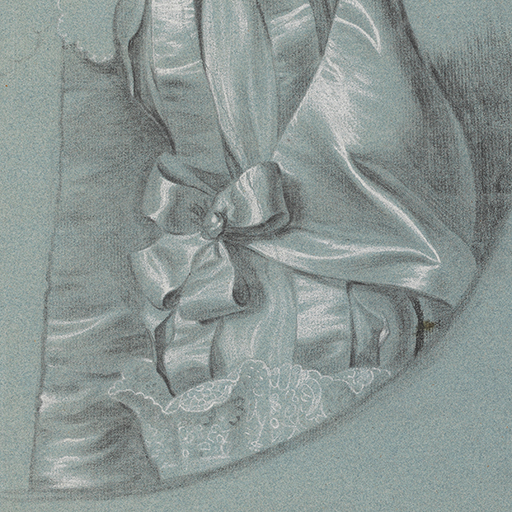 Study of a woman's left arm in Van Dyck dress, consisting of a slashed sleeve, decorated with a bow, lace cuff, and lace collar; the curve of a feigned oval visible below and to the right. Made by Joseph Wright of Derby (1734 - 1797). Black and white chalk on blue laid paper, in cream window mount.