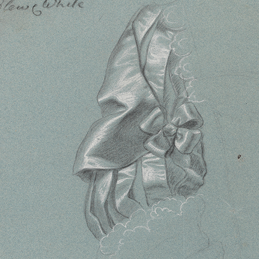 Study of a woman's right arm in Van Dyck dress, consiting of a slashed sleeve decorated with a bow, lace cuff, and lace-trimmed bodice. Inscribed 'Blew & White' to upper left corner. Made by Joseph Wright of Derby (1734 - 1797). Black and white chalk on blue paper, in cream window mount.