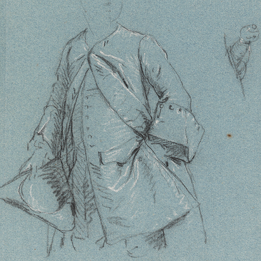 Study of a male figure holding a three-cornered hat, the face faintly sketched, and a study of a sword hilt. Made by an unknown artist, possibly after Allan Ramsay, c. 1744. Black and white chalk on paper. In cream window mount.