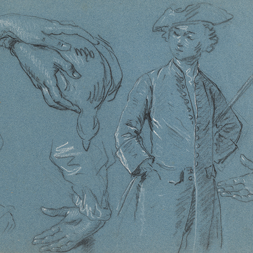 Studies of male figures, seated and standing, two studies of hands, and a study of two hands holding a dead partridge. Identified as studies of the portrait of Thomas, 2nd Baron Mansel of Margam, with his Blackwood Half-Brothers and Sister, after Allan Ramsay, 1742. Made by an unknown artist, in the studio of Allan Ramsay, c. 1742. Black and white chalk on blue paper. In cream window mount.