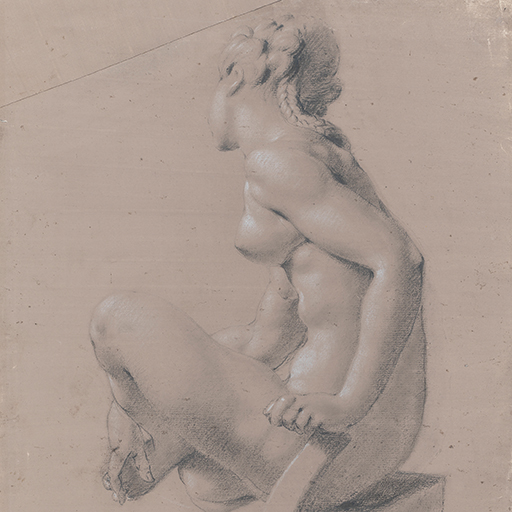 Drawing of a nude female figure seated on a plinth, holding her left foot. Identified as a study of a cast of 'Nymph Washing her Foot', by Adriaen de Vries. She is seen from the left side, facing away from the viewer. here is a triangular insert of the same prepared paper at the top left of the sheet. Made by Joseph Wright of Derby (1734-1797), after Adriaen de Vries (c. 1556-1626), c.1760-1769. Black and white chalks on grey-brown prepared paper. Pasted onto board. Displayed in a cream window mount.