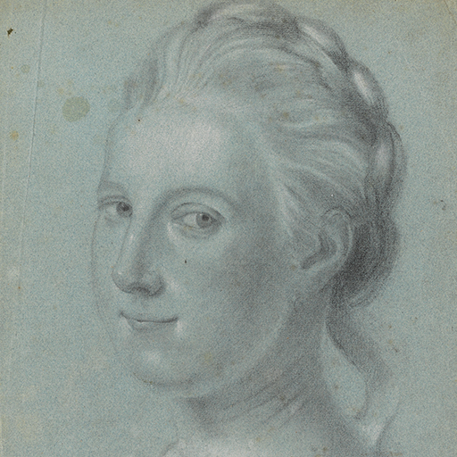 Study of a young woman facing left, looking over her shoulder. Her hair is dressed with two loose tendrils falling down her back and shoulder. Inscribed '1751... No. 24' lower left, upside down (handwritten in ink). Made by Joseph Wright of Derby (1734-1797), after an unknown artist (possibly Kneller or Mercier?), 1751. Black and white chalks on blue paper, in cream window mount.