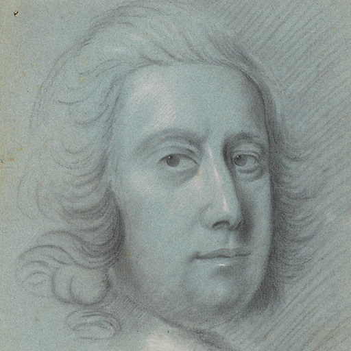 Study of a man, identified as Thomas Hudson, head only, facing slightly to the right. Inscribed upper left, upside down (handwritten in ink): 'No.15 - '. Made by Joseph Wright of Derby (1734-1797), c. 1751. Black and white chalk on blue paper, in cream window mount.