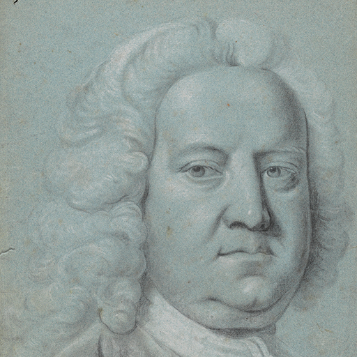 Portrait study of a man, head and shoulders only, facing slightly to the right. He wears a white neckcloth, decorated waistcoat, and coat. His hair (probably a wig) is curled and hangs loose. Made by Joseph Wright of Derby (1734 - 1797), 1751. Black and white chalk on blue paper, in cream window mount.