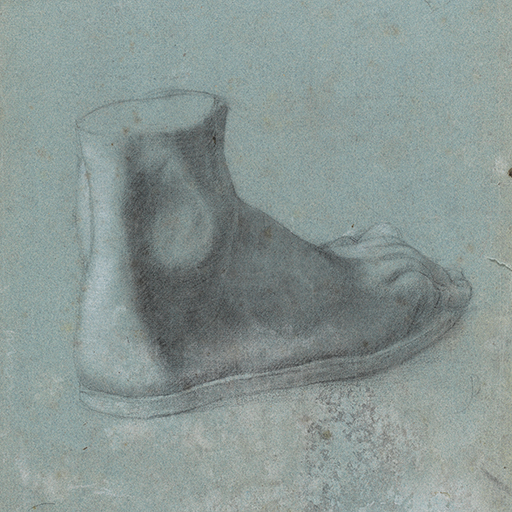 Study of a foot, after the Antique, seen from behind. Inscribed 'J. Wright f... May 1751 / 'Sr Watkin Williams Wynn' to upper left. Made by Joseph Wright of Derby (1734 - 1797). Black and white chalk on blue paper, in cream window mount.