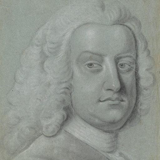Study of a portrait of Sir John Philipps, after John Faber Junior, after Thomas Hudson. The sitter faces the viewer with his body turned to the right. He wears a light coloured, shoulder-length wig, white neck stock with jabot frills below, and a collarless coat. Inscribed on the verso, lower left (handwritten in red chalk): 'Jos. Wright fecit. September 2[illegible] 1751 / Sr. John Philipps'. Made by Joseph Wright of Derby (1734-1797), after John Faber Junior (1694-1756), after Thomas Hudson (1701-1779), 1751. Black and white chalk on blue paper. Displayed in a cream window mount.