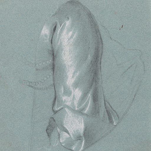Study of a Lady's Satin Sleeve with a Twin Row of Pearls. Black and white Chalk on blue paper. This drawing relates to the sleeve in the portrait of Frances Warren, Nicolson cat.138, plate 48.