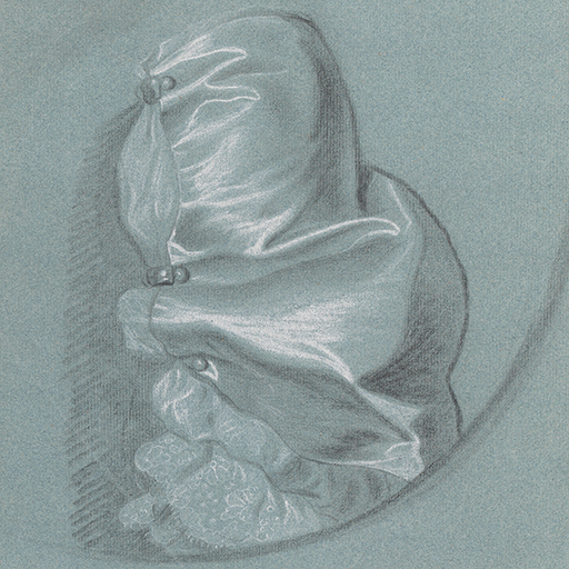 Study of a Lady's Satin Slashed Sleeve with Pearl Detail and a Lace Cuff. Black and white chalk on blue paper. This study is very similar to 1999-76/50 in the first Joseph Wright Archive. It is very close to Wright's portrait of Miss Catton, Nicolson cat. 34, plate 31.