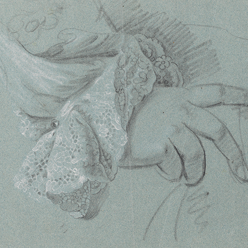 Study of a Gentleman's Hand in a Lace Cuff. Black and white Chalk on blue paper. This study is similar to 1996-1/43, 1996-1/,44, 1996-1/45, 1996-1/47, 1996-1/49, in the first Joseph Wright Archive, and 1999-76/19. See also Wright's portrait of William Pigot, Nicolson, plate 23.