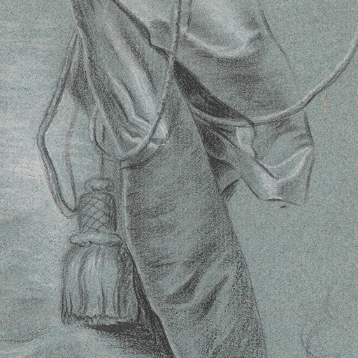 Study of a Drape with Tassels. Black and white chalk on blue paper. Note the outline of a man's left arm and head to the right of this drapery study.