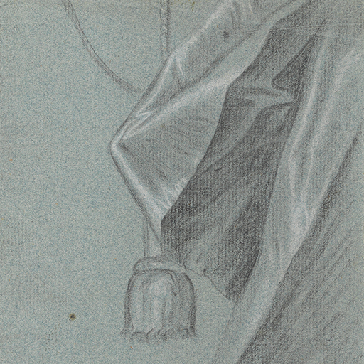 Study of a Drape with a Tassel. Black and white chalk on blue paper. Inscribed, 'A Green curtain belonging to Gr Pinfold's picture', Wright appears to have reused this in his portrait of William Pigot,1760 Nicolson, plate 23.