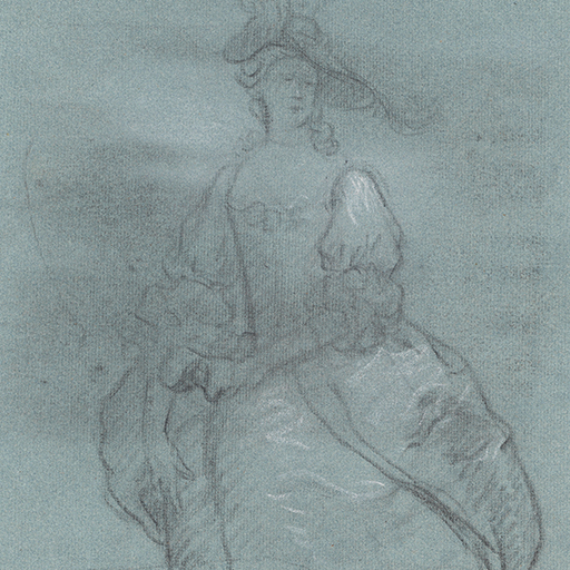 Study of a woman, her head turned slightly to the right, holding a mask in her left hand. She wears an elaborately decorated hat and an open-fronted gown. Made by Joseph Wright of Derby (1734-1797). Black and white chalk on blue laid paper displayed in a cream window mount.