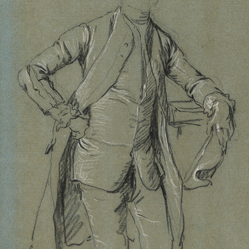 Studies of a Gentleman three-quarter standing, a hand and a Cravat(?), studio of Allan Ramsey, unknown artist believed to be Joseph van Aken. Black and white chalk on blue paper. 1996-1/85 in the first Wright Archive is an offprint, or Impression of this drawing. The drawing is very similar to Allan Ramsay's portrait of the Hon. John Bulkeley Coventry, 1740, (collection Earl of Coventry). This impression was instrumental in obtaining funding for the Archive to be purchased, as it proved that the two Archives were at one time linked. It shows that this drawing and 1996-1/85 had been stored together for some considerable time to allow the 'imprint' to have been made.