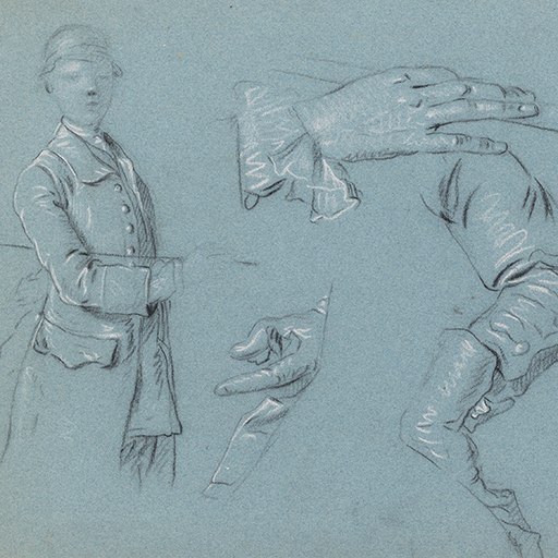 Studies of a Gentleman with a Cane, Three Hand Details, and a Gentleman's Coat Sleeve, Studio of Allan Ramsey, unknown artist, artist believed to be Joseph van Aken. Black and white chalk on blue paper. These studies are on a distinctly different type of paper to those  by Wright. The drawings are believed to relate to Allan Ramsay portraits.