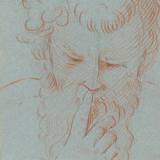 Study of a bearded man with his hand raised to his mouth, after Raphael's tapestry cartoon of 'Paul Preaching at Athens' Made by Joseph Wright of Derby (1734 - 1797). Pencil and red chalk on blue paper, in cream window mount.