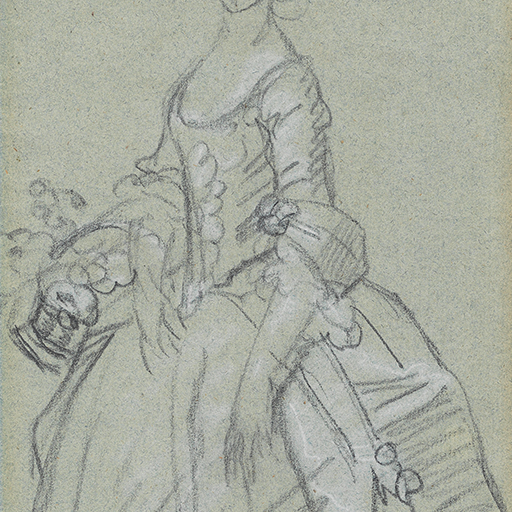 Study of a Lady, Full-length Holding a Basket of Flowers. Black and white chalk on blue paper. Christie's felt this drawing was close to an Allan Ramsay composition, although the posy basket appears more often as a Hudson studio motif, for example the portrait of the Thistlethwayte Family, c1757-8. Wright used this motif in his portrait of Elizabeth Carver, 1760 and Rebecca Cracroft, 1760.