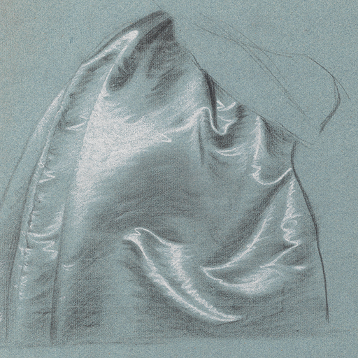 Study of Detail of a Women in a Satin Gown, modeled on Hudson's Portrait of Charlotte Compton. Black and white chalk on blue paper. This study is modeled on Hudson's portrait of Charlotte Compton. The drawing is squared, which may suggest copying from the larger portrait.