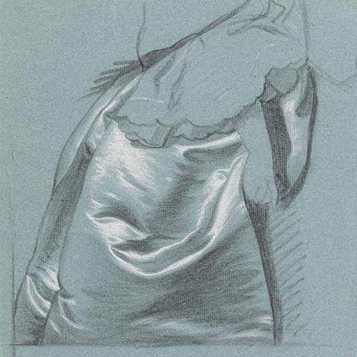 Study of part of a Lady's Satin Gown. Black and white Chalk on blue paper. This study is similar to Hudson or early Wright drapery.