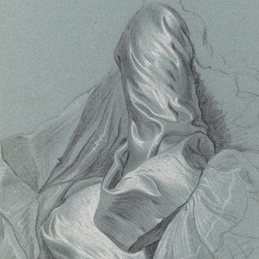 Study of a Lady's Satin Sleeve. Black and white Chalk on blue paper. This study relates to 1999-76/9. The shape of the satin sleeve (but not the lace) is similar to Nicolson, (plate.24) of Mrs. Pigot.