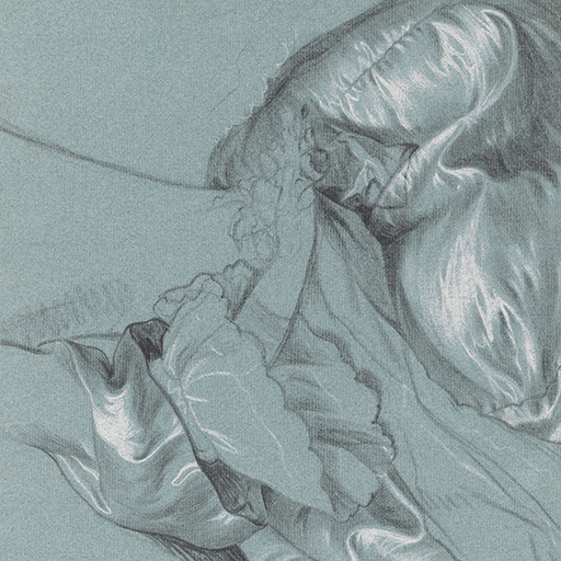 Study of a Detail of a Lady in a Satin Gown holding a posy, after Hudson's Portrait of Elizabeth Cartwight. Black and white chalk on blue paper. This study relates to the lower right section of the gown used by Wright in the portrait of Mrs. Pigot. See also 1996-1/37 Compositional Study of a Lady: after Hudson's portrait of Elizabeth Cartwight, for a similar study.