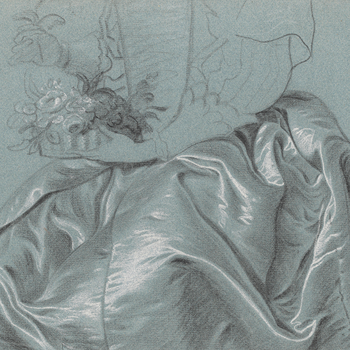 Study of a Lady in a Satin Gown holding a Basket of Flowers. Black and white chalk on blue paper. This study relates to Hudson's portrait of The Thistlethwayte Family, the pose is that of the girl on the right of the portrait. The basket of flowers is a stock motif in several Hudson and Wright portraits.