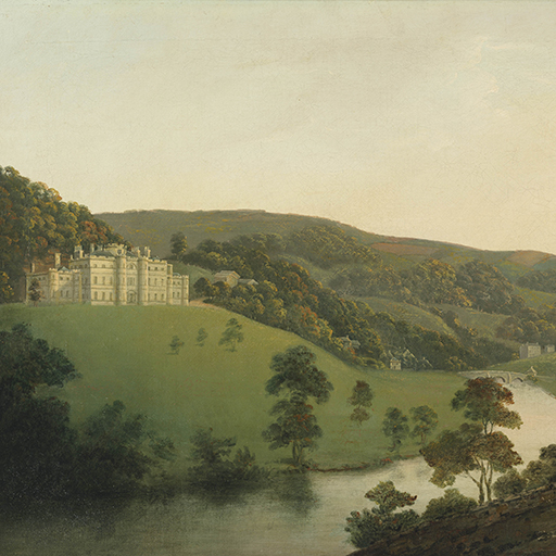 Painting of a landscape with a river running through its centre, identified as Willersley Castle and Cromford Bridge. To the left, sitting atop a grassy hill, is the large stone mansion called Willersley Castle, bathed in warm sunlight. Across the river is a church building. The right hand side of the canvas is dominated by a rocky outcrop. To the right of the foreground, a road is visible. Painted by Joseph Wright of Derby (1734 - 1797). Oil on canvas in gilded frame.
