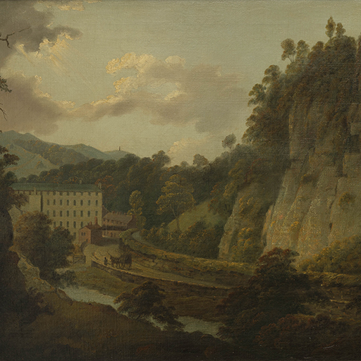 Painting of a landscape identified as Arkwright's Mills at Cromford. The mills appear nestled within a high-sided gorge. A road and brook lead towards them. Beyond, green hills and tall monument can be seen. Sunlight streams through clouds to the left of the scene. Painted by Joseph Wright of Derby (1734 - 1797). Oil on canvas in gilded frame.